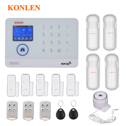WIFI GSM Home Burglar Security Alarm System Wireless Kits APP Control RFID Card SMS Alert Panel Touch Voice LCD PIR Door Sensor